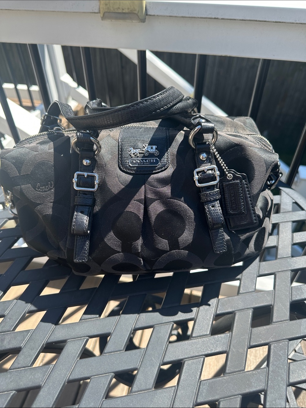 Vintage 2012 Coach Op Art Black Signature Small Satchel with Leather Trim